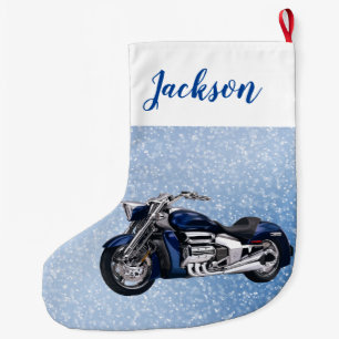 Blue Motorcycle and Snow Large Christmas Stocking