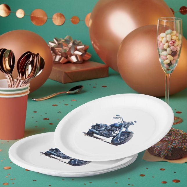 Blue Motorcycle Birthday Paper Plate (Multi)