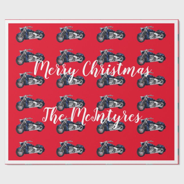 Blue Motorcycles on Red Christmas Wrapping Paper (Flat)