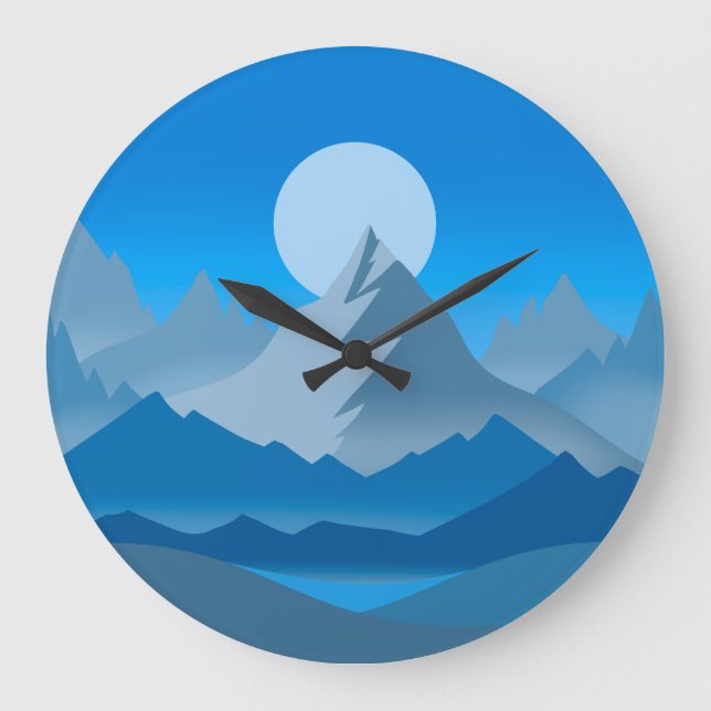 Blue Mountain Peaks Landscape Illustration Large Clock (Front)