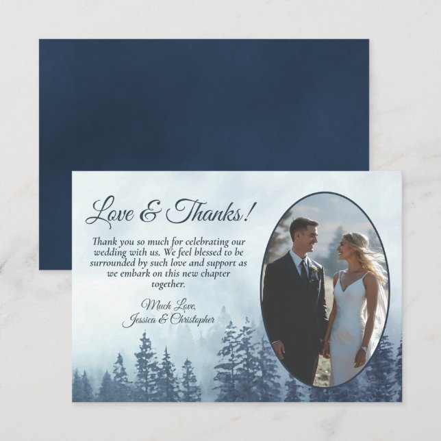 Blue Mountain Pine Trees Rustic Wedding Photo Thank You Card (Front/Back)