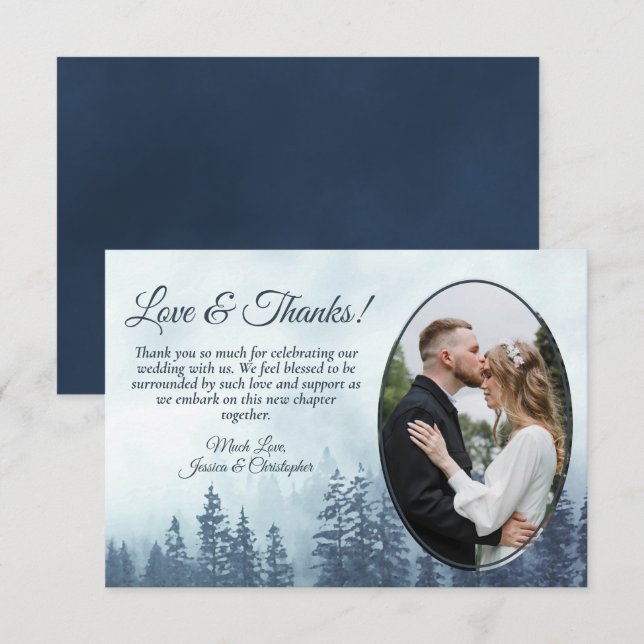 Blue Mountain Pine Trees Rustic Wedding Photo Thank You Card (Front/Back)