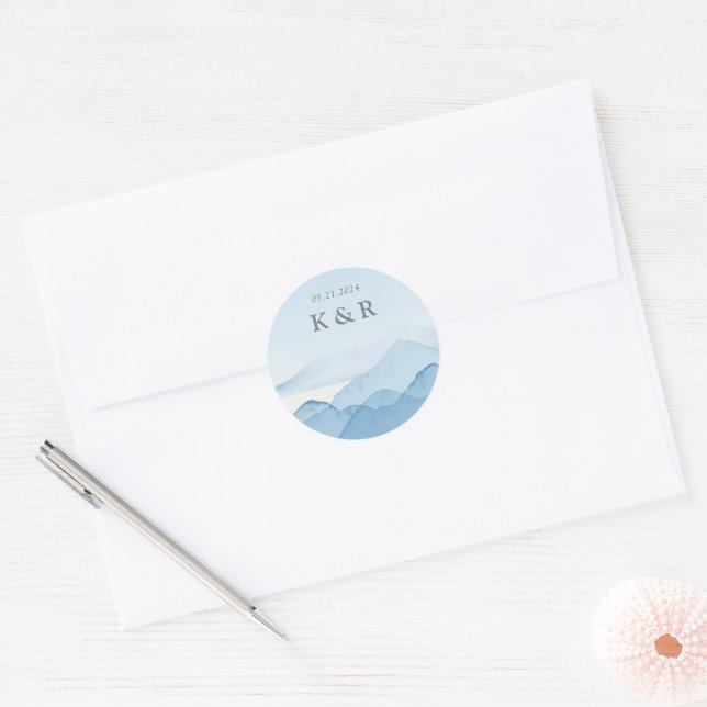 Blue Mountain Range Landscape Wedding Monogram Classic Round Sticker (Envelope)