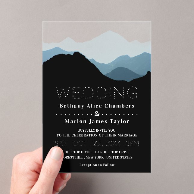 Blue Mountain Range, Rustic Wedding Acrylic Invitations (Insitu (Handheld))