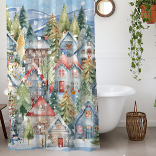 Blue Mountain Snowy Winter Village Shower Curtain