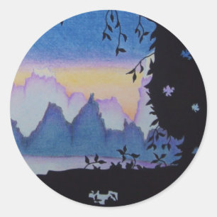Blue mountain sunset abstract landscape painting classic round sticker