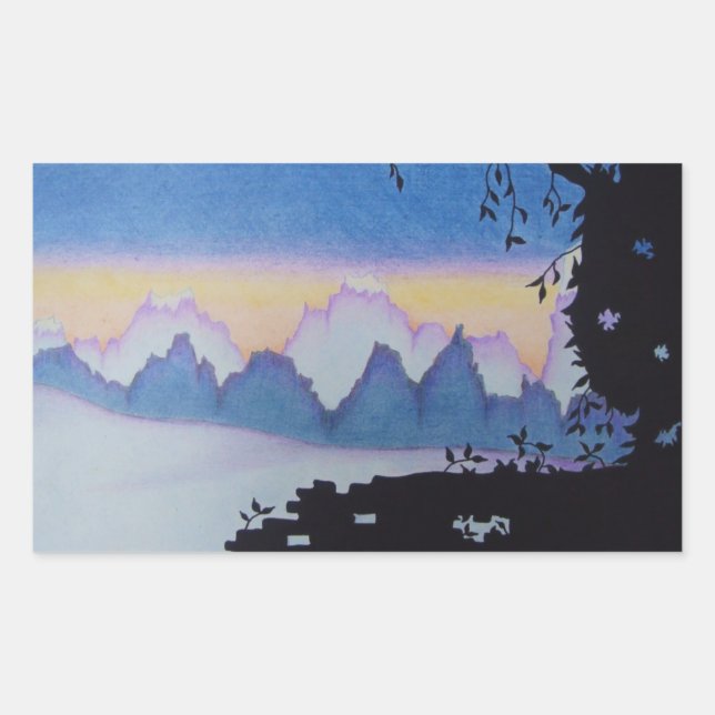 Blue mountain sunset abstract landscape painting rectangular sticker (Front)