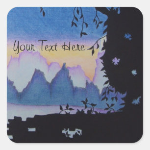 Blue mountain sunset abstract landscape square sticker