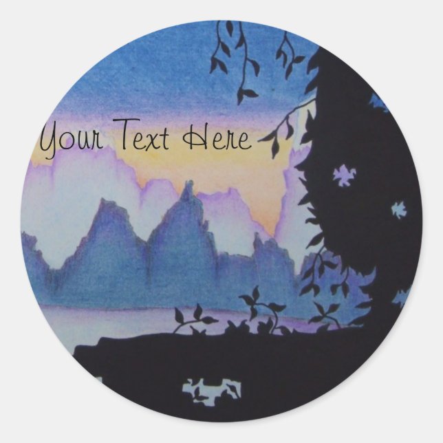 Blue mountain sunset landscape illustration classic round sticker (Front)