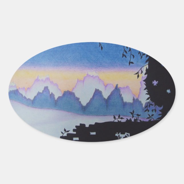 Blue mountain sunset landscape illustration oval sticker (Front)