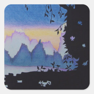 Blue mountain sunset landscape illustration square sticker
