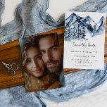 Blue Mountain Watercolor Photo Save the Date<br><div class="desc">Rustic Blue Mountain Watercolor Photo Save the Date Set the tone for your special day with our enchanting Save the Date card. The front showcases a breathtaking watercolor mountain landscape, adorned with serene pine trees, evoking the tranquillity of nature. On the reverse side, personalise your announcement with your cherished photo,...</div>