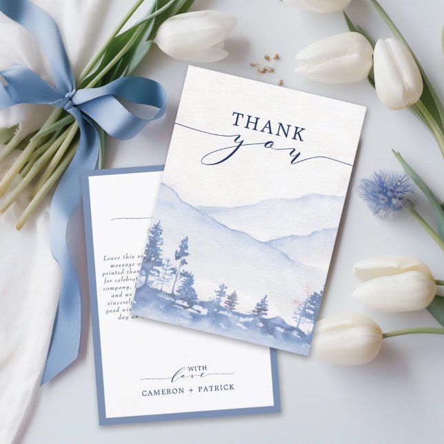 Blue Mountain Watercolor Wedding Thank You Card (This design with tranquil hues of blue, effortlessly captures your sincere expressions of gratitude.)