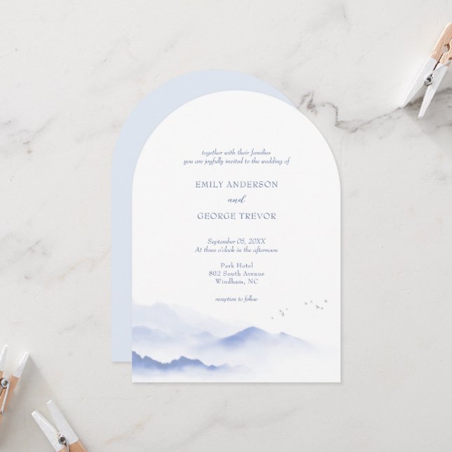 Blue mountains and birds wedding arch invitation  (Front/Back In Situ)