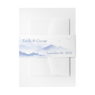Blue mountains and birds wedding invitation belly band
