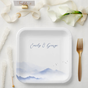Blue mountains and birds wedding paper plate