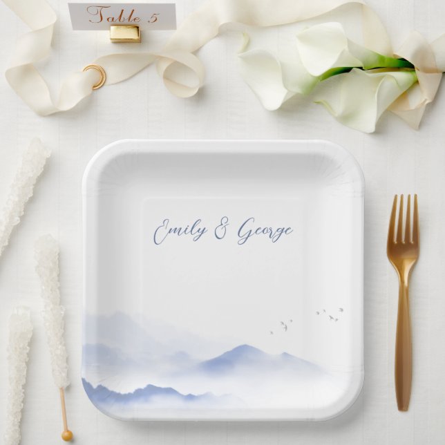 Blue mountains and birds wedding  paper plate (Wedding)