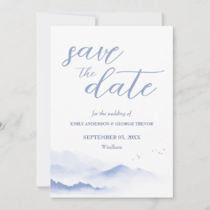 Blue mountains and birds wedding save the date invitation