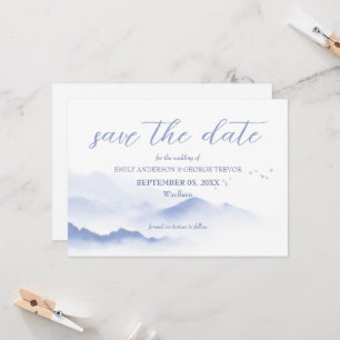 Blue mountains and birds wedding save the date invitation