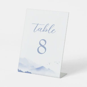 Blue mountains and birds wedding table number pedestal sign