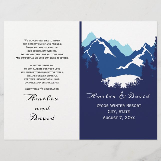 Blue mountains and conifers folded wedding program (Front)