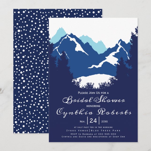 Blue mountains and conifers wedding bridal shower invitation (Front/Back)