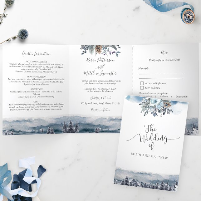 Blue Mountains and Forest, Wedding with RSVP Tri-Fold Invitation (Creator Uploaded)