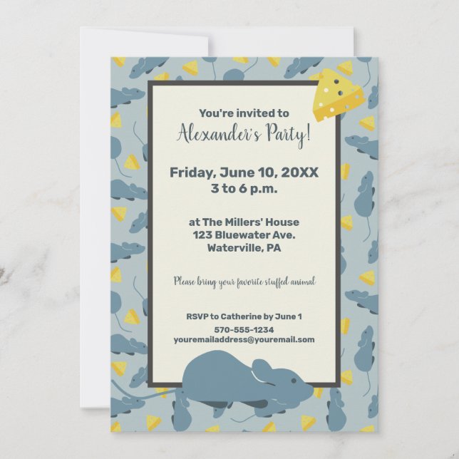 Blue Mouse and Cheese Custom Birthday Party Invitation (Front)