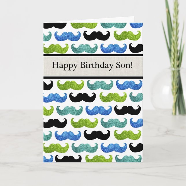 Blue Moustache pattern - Happy Birthday Son Card (Front)