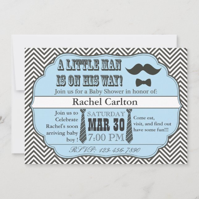 Blue Moustache & Tie Baby Shower Invitations (Front)