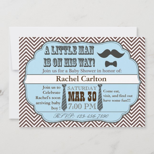Blue Moustache & Ties Baby Shower Invitations (Front)