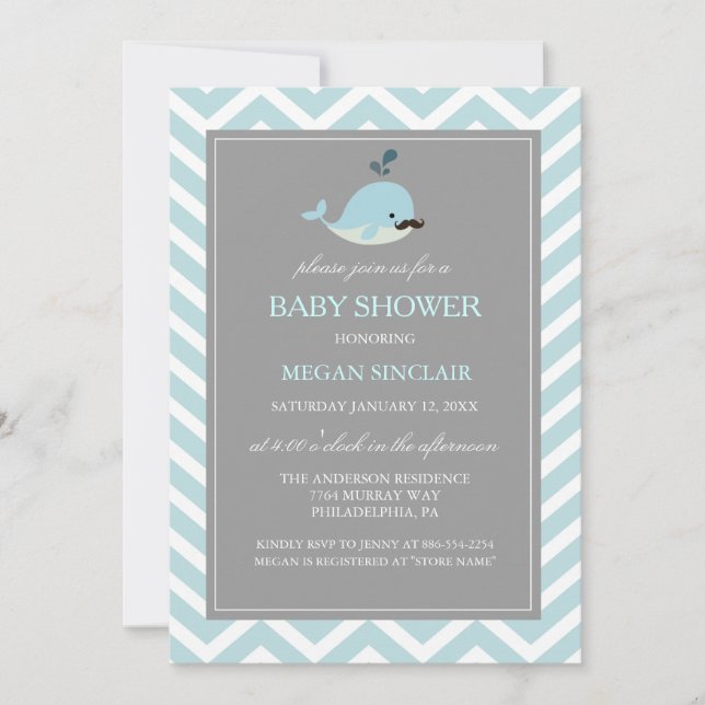 Blue Moustache Whale Boy Baby Shower Invitation (Front)