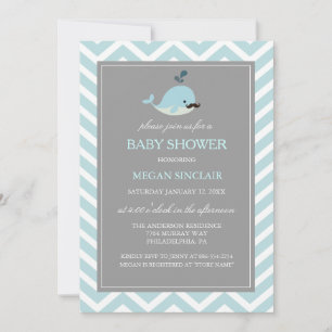 Blue Moustache Whale Boy Baby Shower Invitation