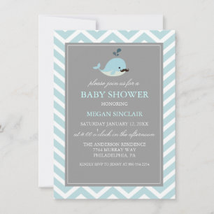 Blue Moustache Whale Boy Baby Shower Invitation