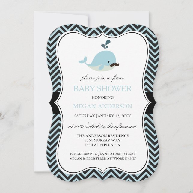 Blue Moustache Whale Chevron Boy Baby Shower Invitation (Front)