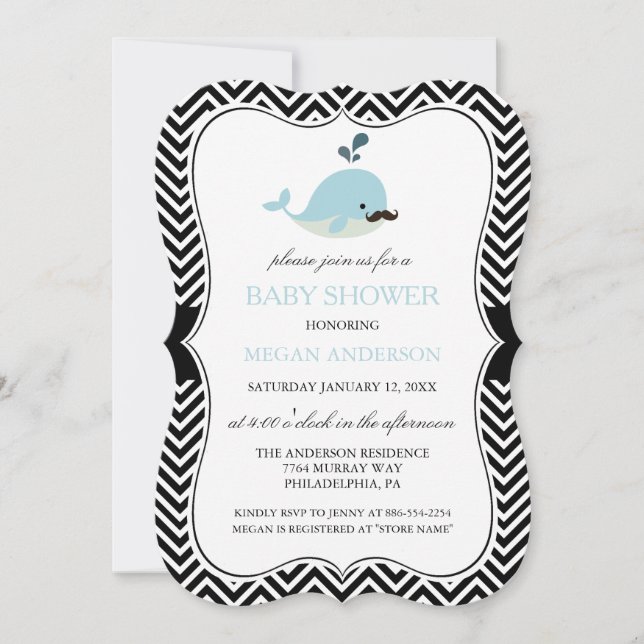 Blue Moustache Whale Chevron Boy Baby Shower Invitation (Front)