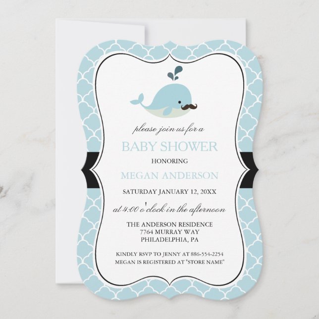 Blue Moustache Whale Cute Boy Baby Shower Invitation (Front)