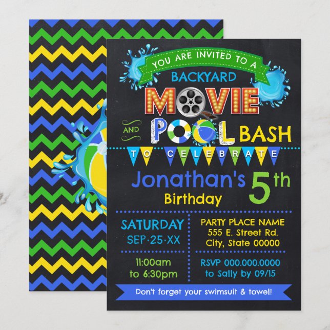 Blue Movie and Pool Birthday Summer Party Invitation (Front/Back)