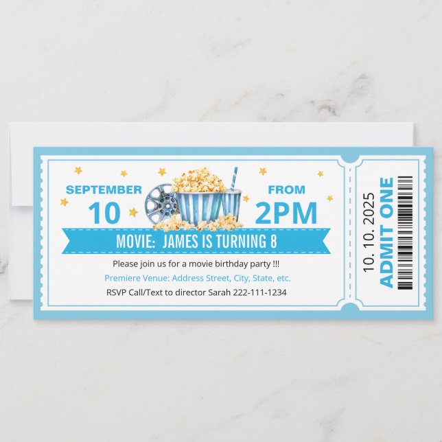 Blue Movie ticket birthday invitation (Front)