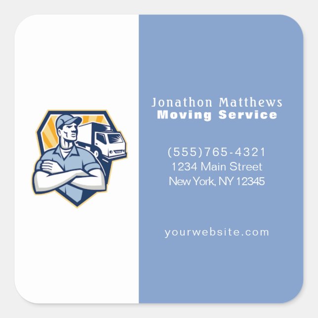Blue Moving Guy Company Service Business Square Sticker (Front)