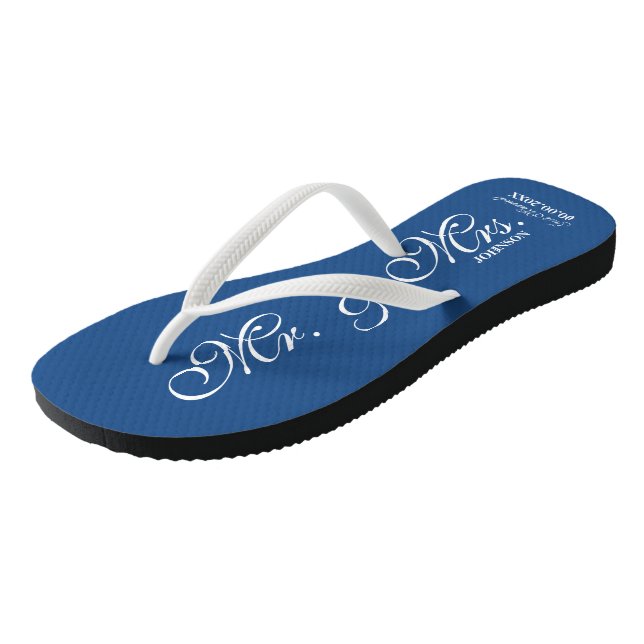Blue Mr and Mrs wedding flip flops for newly weds (Angled)