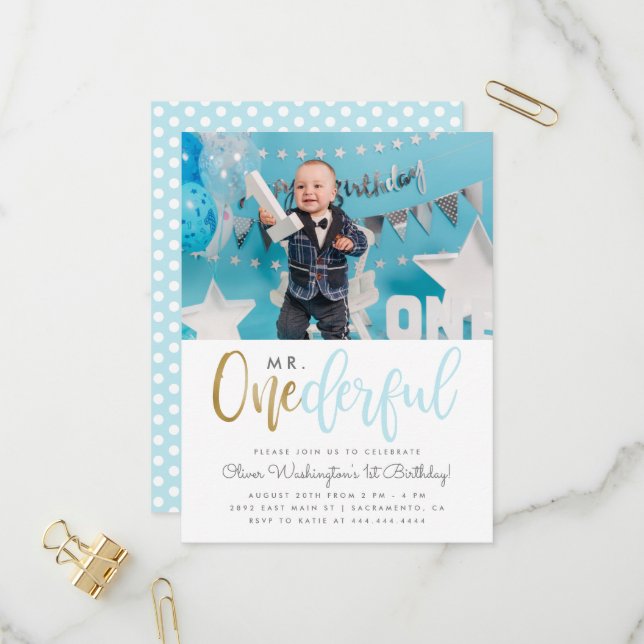 Blue Mr Onederful Script Photo 1st Birthday Invitation Postcard (Front/Back In Situ)