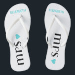 Blue Mrs. Flip Flops | Personalised Brides Wedding<br><div class="desc">A cute addition to your destination beach or poolside wedding! Dance the night away in these comfortable bridle flip flops. White flip flops with the word "Mrs.", a aqua blue heart and the brides name personalised. To see matching groom's flip flops- Please visit my store "The Hungarican Princess" at www.zazzle.com/hungaricanprincess*....</div>