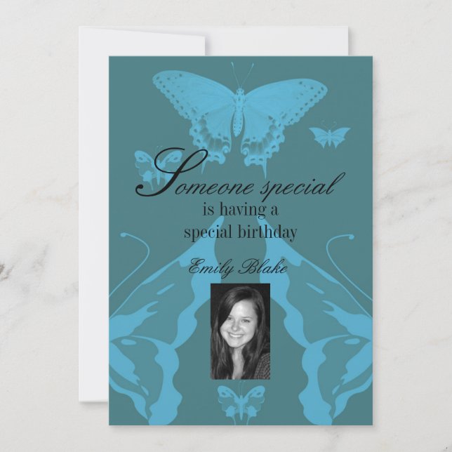 Blue Multi-Butterfly Photo Birthday Invitation (Front)