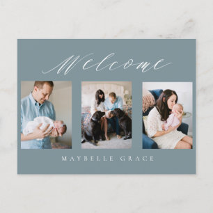 blue multi-photo birth announcement postcard