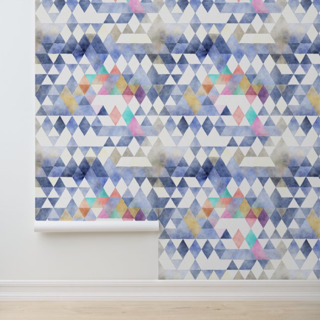 Blue Multicolor Watercolor Triangles Pattern Wallpaper (Application)