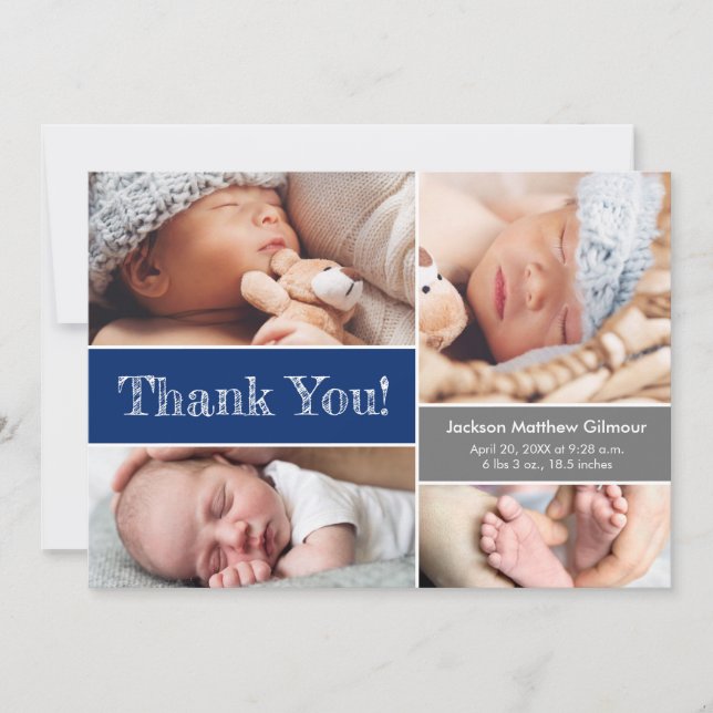 Blue Multiple Photos Baby Boy Shower Sketch  Thank You Card (Front)