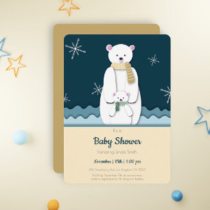 Blue Mum and Baby Polar Bear in Cave Baby Shower Invitation