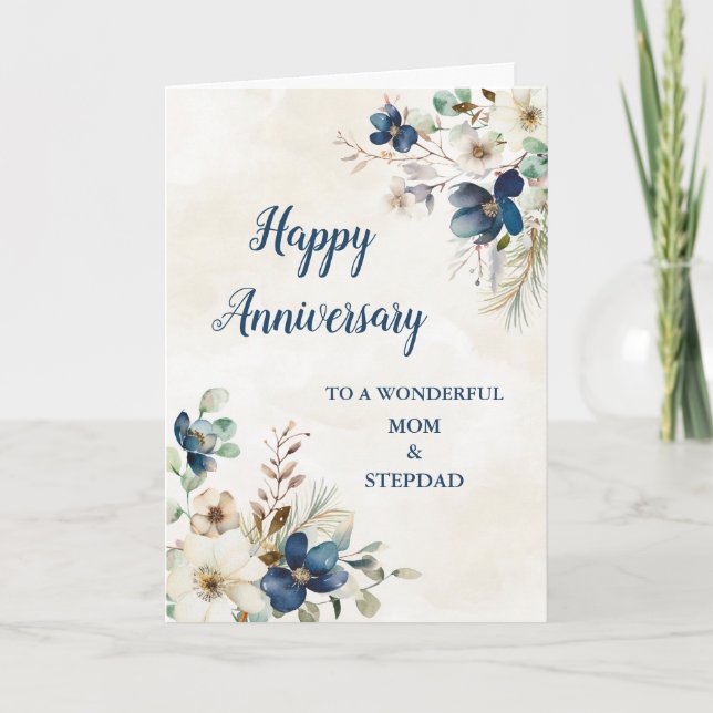 Blue Mum and Stepdad Wedding Anniversary Card (Front)