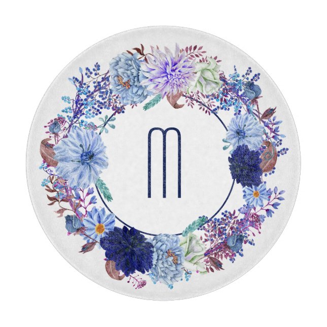 Blue Mum Wreath Monogram Cutting Board (Front)